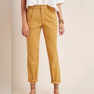 Anthropologie Women's Scout Slim Pleated Honey Gold Straight Leg Ankle Pants 28